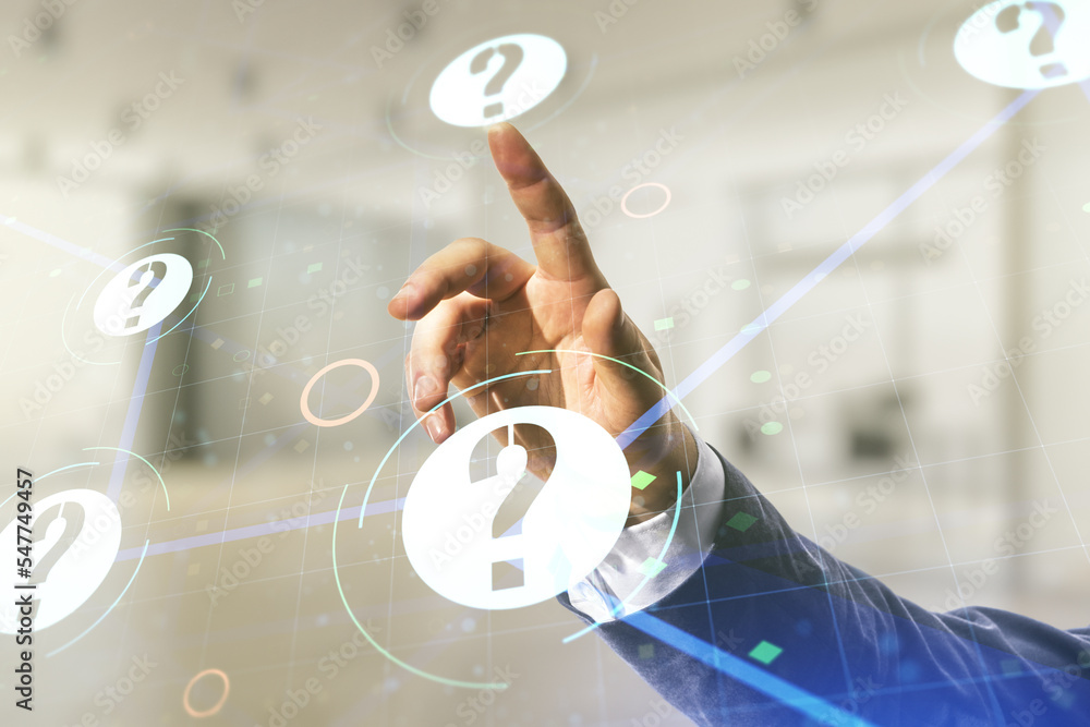 Aufkleber man hand presses on abstract virtual question mark illustration on blurred office background. faq an