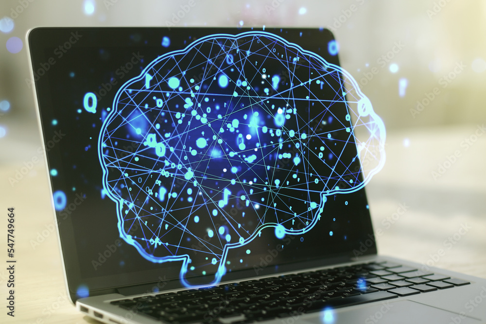 Poster creative artificial intelligence concept with human brain sketch on modern computer background. doub