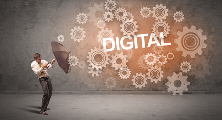 Obraz premium Businessman defending with umbrella concept