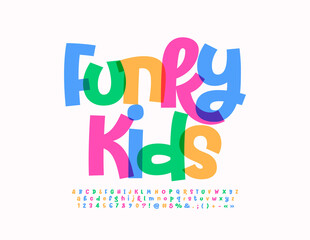 Vector watercolor emblem Funky Kids. Bright artistic Font. Creative Alphabet Letters and Numbers.
