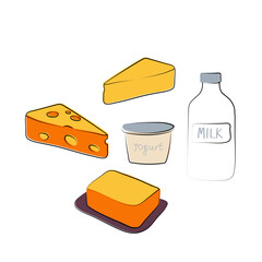 Dairy produce icon set. Milk food sign. Vector cartoon hand drawn illustration.