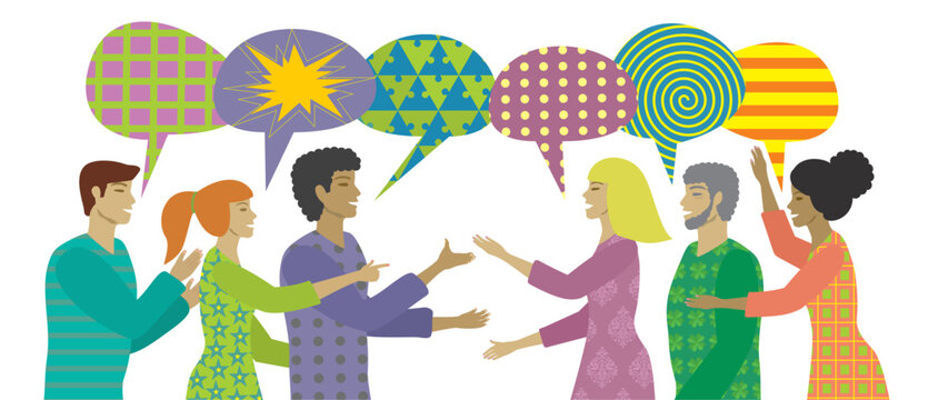 Different communication. Group of variation of people  with speech bubbles. Isolated on white. Vector illustration.