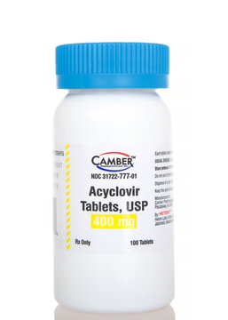 Alameda, CA - Sept 30, 2022: Bottle of Acyclovir, 400mg tablets by Camber Pharmaceuticals Inc. Used to treat herpes virus infections, including shingles and can be used to treat chickenpox.