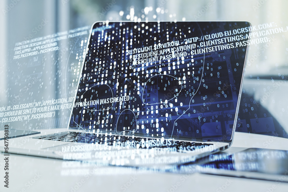 Poster creative concept of code skull illustration on modern laptop background. hacking and phishing concep