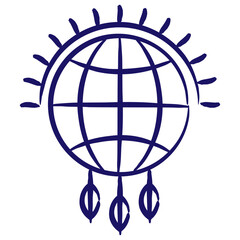 Authentic global native symbol made from dream catcher, globe, feathers and sunbeams. Simple outline vector blue icon drawn with brush isolated on transparent background