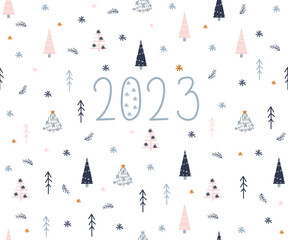 Cartoon doodle winter forest. Happy New Year! Vector hand drawn illustration.