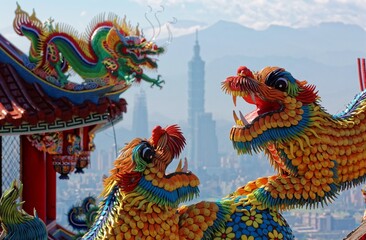 A Taiwanese temple decorated with sacred & auspicious animals (dragons & lions) on the roofs in traditional mosaic art & landmark 101 Tower standing out in background under sunny sky in Taipei, Taiwan