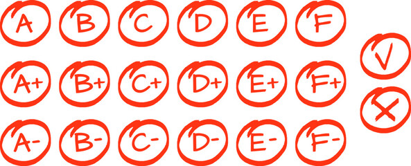 Exam result set, hand drawn letters A F in circles and do and dont marks. Education school graphic, red grade from perfect to not good, vector sketch signs - obrazy, fototapety, plakaty