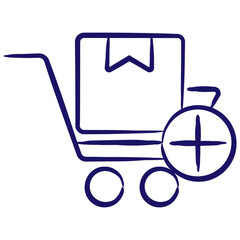 Shopping cart with one box inside and a button to add a purchase. Simple outline vector blue icon drawn with brush isolated on transparent background