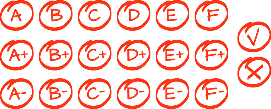 Exam result set, hand drawn letters A F in circles and do and dont marks. Education school graphic, red grade from perfect to not good, vector sketch signs