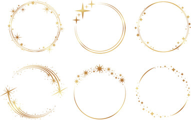 Round starry frames golden design. Stars bunch circle line decorative frame. Isolated vector gold round graphic art. Festive elements