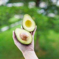 Top view of fresh sliced avocado in woman's hand. Vegetarian food concept. Two halves of avocado