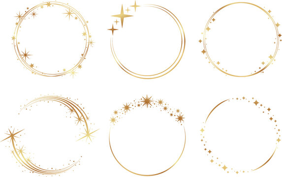 Round starry frames golden design. Stars bunch circle line decorative frame. Isolated vector gold round graphic art. Festive elements