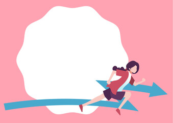 走る女性と矢印　フレーム　人物フラットイラスト