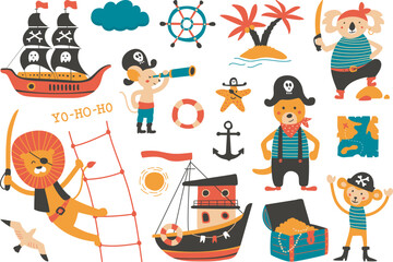 Fototapeta na wymiar Cartoon animal pirates, ocean adventures marine elements. Cute kids pirate, sailing ship and seagull. Lion koala sailor, monkey with treasure, classy vector collection