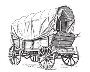 Covered wagon retro stagecoach hand drawn sketch Vector illustration. - obrazy, fototapety, plakaty