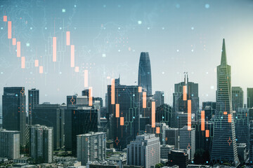 Abstract virtual global crisis chart and world map sketch on San Francisco office buildings...