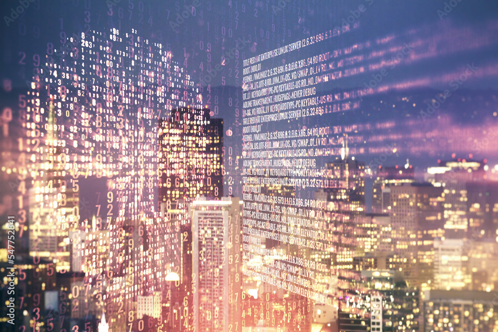 Poster abstract virtual code skull illustration on san francisco skyline background. hacking and phishing c