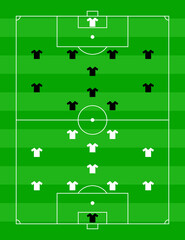 Green football field with a tactical scheme of the arrangement of players of two soccer teams on the board, organisation of a game diagram for a fantasy league coach. Vector.