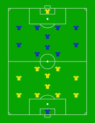 Green football field with a tactical scheme of the arrangement of players of two soccer teams on the board, organisation of a game diagram for a fantasy league coach. Vector.