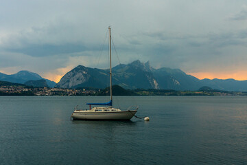 Sailing yacht on Lake Thun in Switzerland.