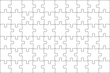 Puzzles grid template 10x6. Jigsaw puzzle pieces, thinking game and  jigsaws detail frame design. Business assemble metaphor or puzzles game challenge vector. - obrazy, fototapety, plakaty