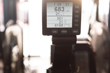 large digital screen of a sports machine with information about physical exercise