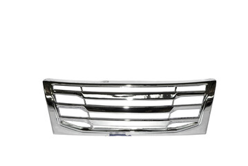 Shiny metallic car radiator grill with horizontal slots front view isolated on transparent background.