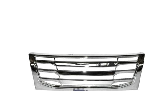 Shiny metallic car radiator grill with horizontal slots front view isolated on transparent background.
