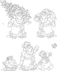 Vector black and white cartoon set with Santa Claus, a funny toy snowman, a magical bag of holiday gifts for little kids and a small Christmas tree from a snowy winter forest