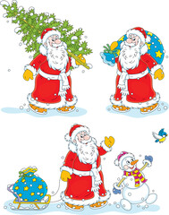 Vector cartoon set with Santa Claus, a funny toy snowman, a magical bag of holiday gifts for little kids and a small Christmas tree from a snowy winter forest