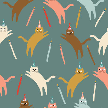Happy purfect birthday seamless pattern, cute four adorable happy kitty cats with party hats.