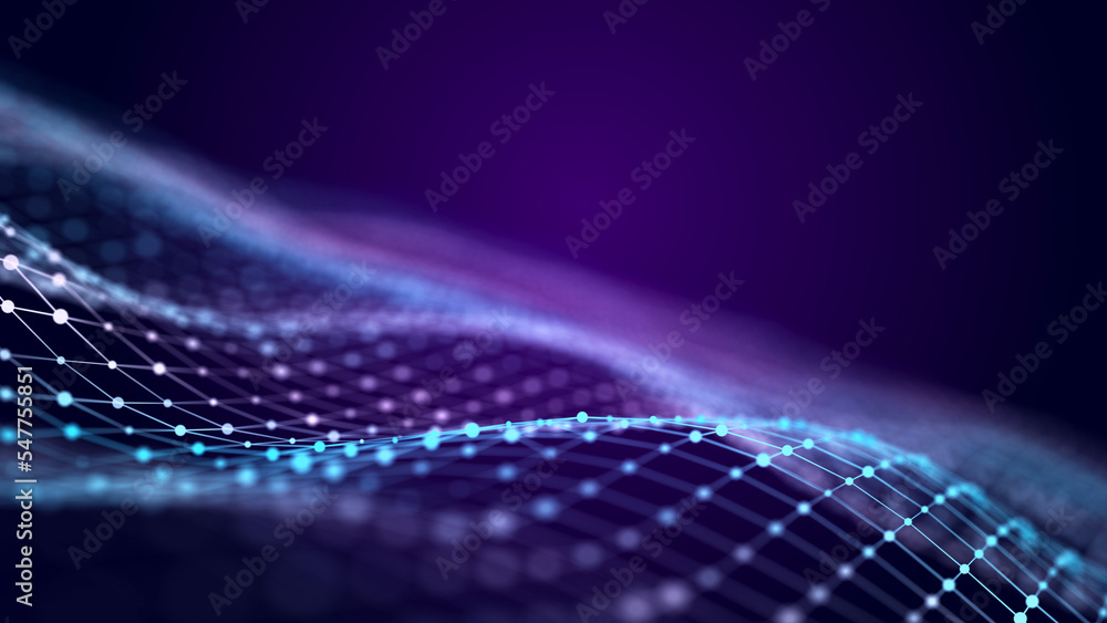 Poster Big data visualization. The musical stream of sounds. Abstract background with interweaving of dots . 3D rendering.