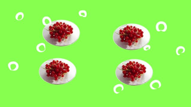 Flying saucers with food, red currant, berries. Chroma key stock footage. Decor animation. Animated frame border background. Template backdrop loop. Video 4K modern new