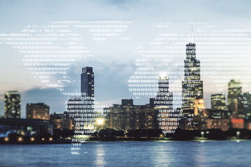 Abstract creative world map interface on Chicago skyline background, international trading concept. Multiexposure