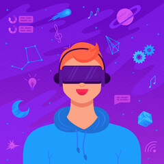 Metaverse digital world technology concept. Young man use virtual reality headset surrounded with cyber metaverse simulation. Innovation network experience, AR gaming. Futuristic lifestyle. Vector