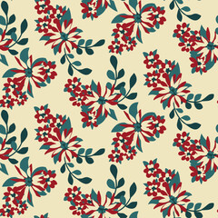 Seamless floral pattern in the style of an old-fashioned botanical ornament. Elegant ditsy print, vintage flower design with small hand drawn flowers, leaves on a beige background. Vector illustration
