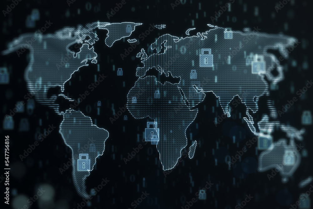 Poster Global security and network protection concept with digital closed pad locks on world map contour on dark background. 3D rendering