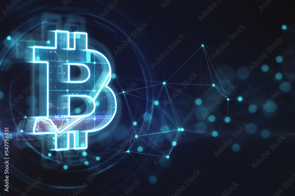 Poster Global digital money exchange and cryptocurrency concept with blue illuminated bitcoin symbol on dark abstract background with blurry dots. 3D rendering