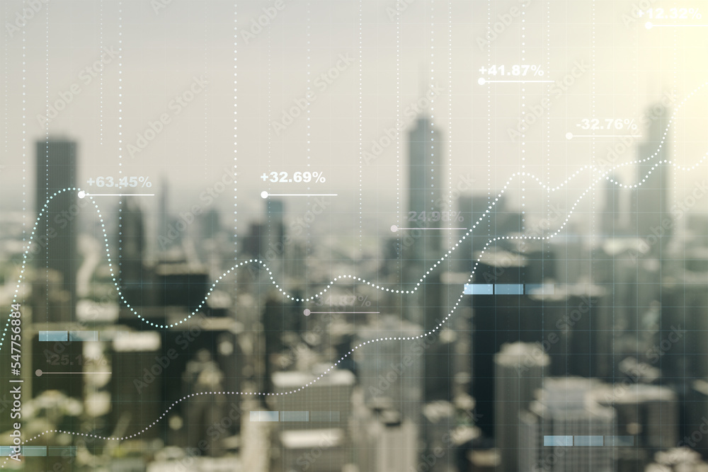 Poster Multi exposure of abstract statistics data hologram interface on blurry office buildings background, computing and analytics concept