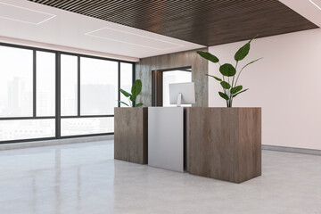Simple wooden and concrete office lobby interior with window and city view. Waiting area and hotel concept. 3D Rendering.