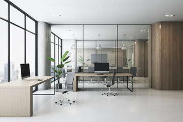 Modern wooden, concrete and glass coworking office interior with furniture, equipment, window and city view. Law, legal and commercial workplace concept. 3D Rendering.