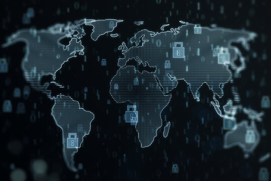 Global security and network protection concept with digital closed pad locks on world map contour on dark background. 3D rendering
