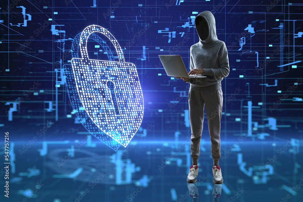 Poster hacker using laptop with creative glowing digital padlock hologram on blurry dark background. secure