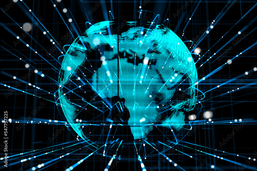 Poster Global market and international technologies concept with glowing digital world map globe on abstract dark background with blurred dots and wavy lines. 3D rendering