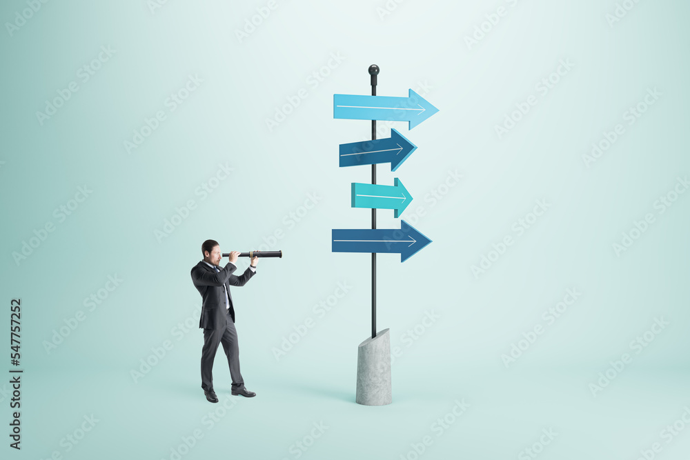 Poster businessman with arrows looking into the distance on blue background. different direction and soluti