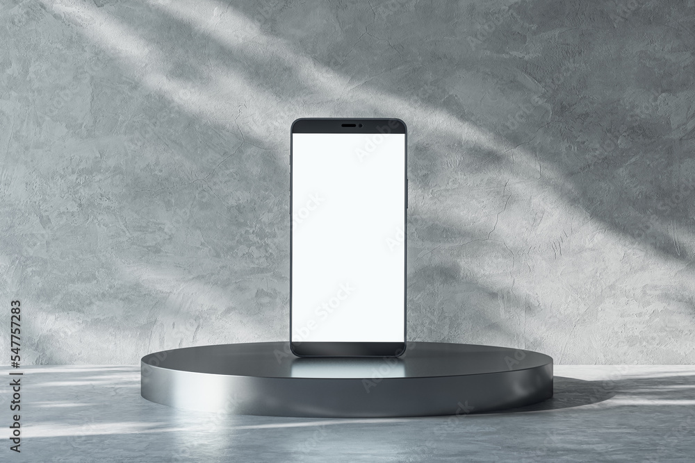 Poster Front view on blank white smartphone screen with place for your logo or text on dark metallic round stand on abstract sunlit light grey concrete background. 3D rendering, mock up