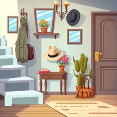 Room interior 2d illustrated illustration of retro corridor or hallway entrance with furniture. Cartoon flat background of apartment stairs, coat and hat on hanger, shoe drawer and flower in vase on