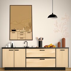 Stylish composition of modern kitchen interior design with copy space, beige sideboard and classy black accessories Template Autumn vibes , anime style