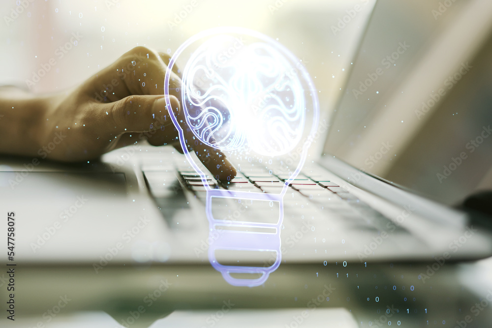Aufkleber Double exposure of creative light bulb hologram with human brain and with hands typing on laptop on background, idea and brainstorming concept
